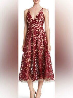 Dress the Population Burgundy Lace V-Neck Midi Dress Blair Dress